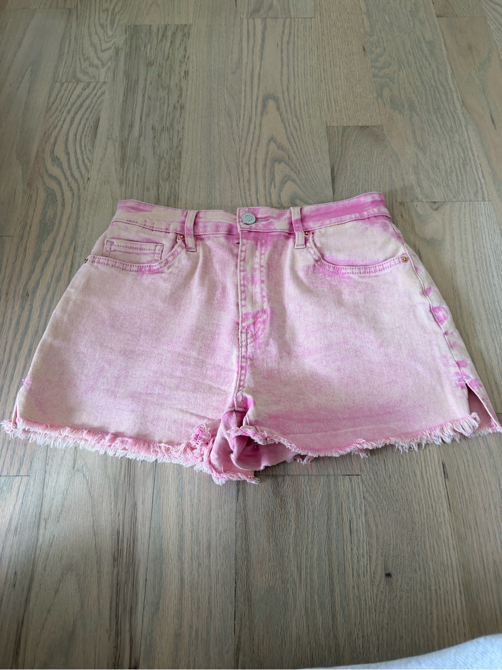 High-Rise Pink Denim Frayed Hem Shorts